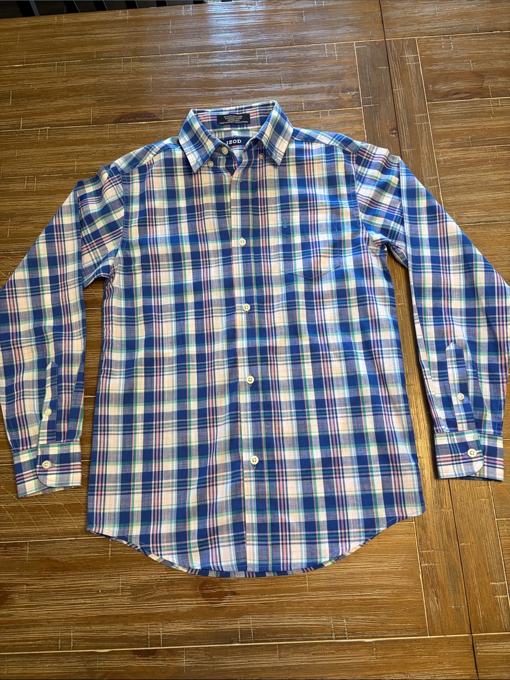 Boys Izod  Blue, White, Green and Pink Plaid Button-Down Long Sleeve Shirt
